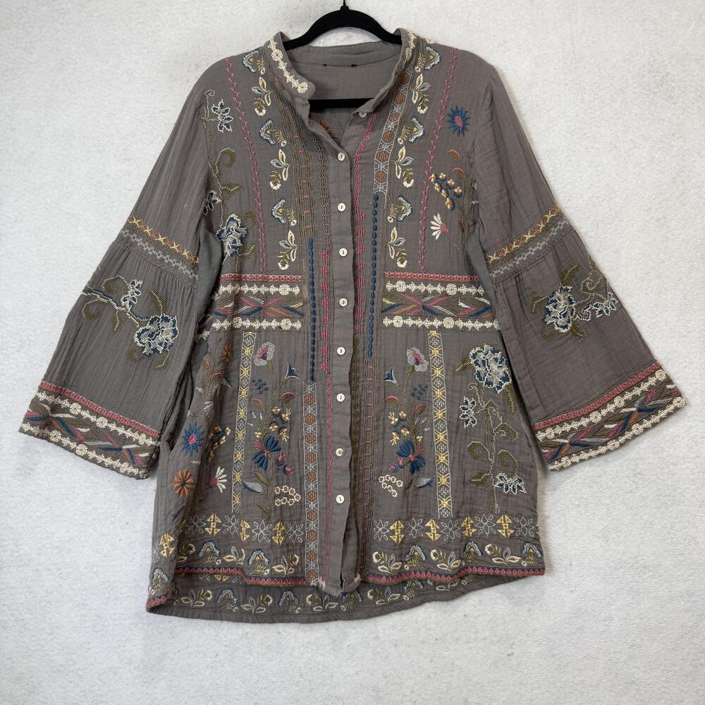 Tolani Blouse Women L? Gray Cotton Embroidered Floral 3/4 Bell Sleeve Tunic Top